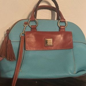 Dooney Bourke teal and dark tan shoulder bag. Mint!